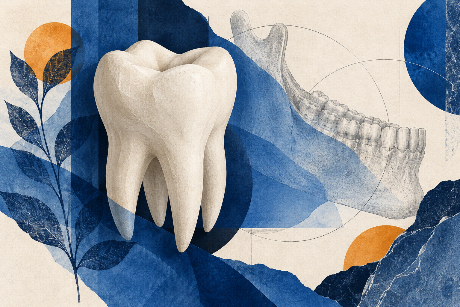 Redaktionelle Illustration von Zahn und Kiefer in Blau und Ocker
